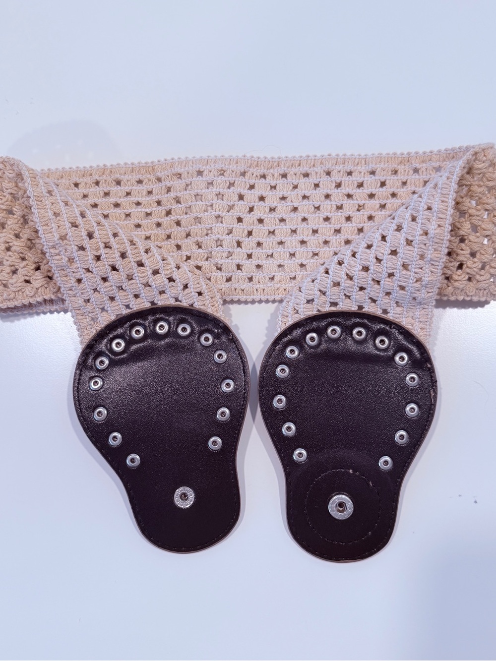 Boho Beige Crochet Stretch Belt with Studded Faux Leather Closure - Picture 2 of 3